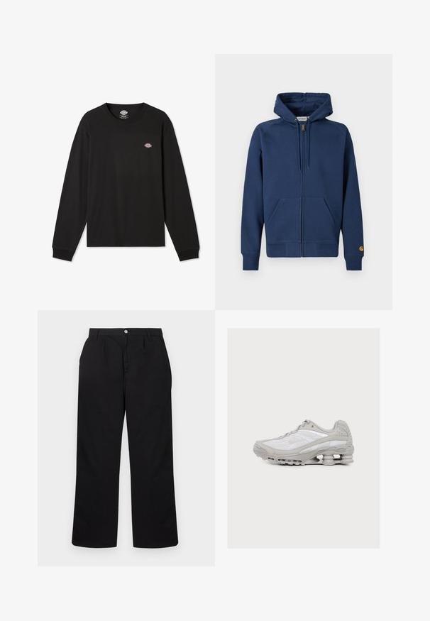 Marineblaue Zip-up-Kapuzensweatshirt aus Baumwollmischgewebe mit Kordelzugkapuze, Kängurutaschen sowie gerippten Bündchen und Saum.; Schwarzes Langarm-T-Shirt aus Baumwolle mit kleinem, mehrfarbigem Dickies-Logo auf der linken Brustseite und gerippten Bündchen.; Schwarze, hoch sitzende, gerade geschnittene Hose mit Gürtelschlaufen, vorne mit Knopf und Reißverschluss sowie dezenten Falten nahe dem Bund.; Hellgrauer und weißer Sportschuh mit sichtbarer federartiger Dämpfung in der Sohle und einem Obermaterial aus Mesh-Gewebe.