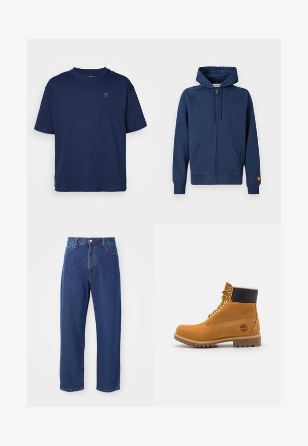 Sudadera con capucha azul marino con cremallera, fabricada en una mezcla de algodón, con capucha ajustable con cordón, bolsillos tipo canguro y puños y dobladillo acanalados.; Camiseta de algodón de color azul marino con cuello redondo, mangas cortas y un pequeño logo tonal en el pecho. Corte casual, textura suave.; Vaqueros de tiro alto de algodón, con una silueta de pierna recta, costuras visibles y un cierre de botón en la parte delantera.; Botín de cuero marrón con ojales de metal, forro de piel sintética blanca, cuello acolchado negro, suela resistente y logotipo en relieve en el costado.