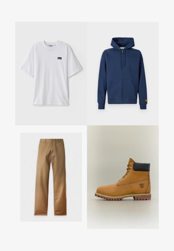 Marineblaue Zip-up-Kapuzensweatshirt aus Baumwollmischgewebe mit Kordelzugkapuze, Kängurutaschen sowie gerippten Bündchen und Saum.; Weißes T-Shirt aus Baumwolle mit Rundhalsausschnitt, kurzen Ärmeln und einem navyblauen rechteckigen Logo-Patch auf der linken Brustseite.; Khakibraune Hose mit geradem Bein, Gürtelschlaufen, Knopfverschluss und Vordertaschen, vor weißem Hintergrund gezeigt.; Brauner Leder-Stiefelette mit schwarzem Kragen, gelben Schnürsenkeln und hellbrauner Sohle. Verfügt über ein Logo und weiße Ziernähe. Robuste Profilsohle.