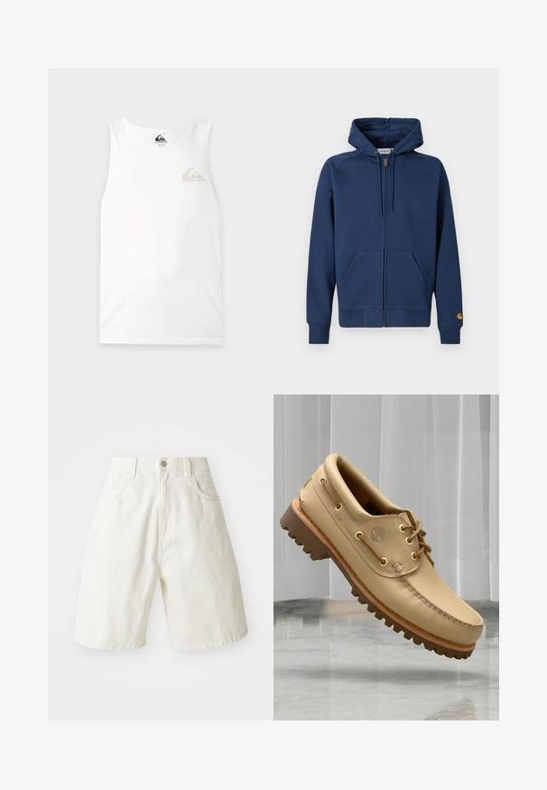 Marineblå hættetrøje med lynlås lavet af bomuldsblandet stof, med snøre i hætten, kængurulommer samt ribkanter ved ærmer og bund.; Hvid ærmeløs tank top med et lille gråt og beige Quiksilver-logo på venstre bryst og label inde i nakken.; Hvide denimshorts med en afslappet pasform, der har en talje, fem lommer og lige ben. Stoffet har en let tekstur.; Lysbrune læderbådsko med tyk, rillet sål og snøre detaljer, svævende over et marmor gulv med baggrund af hvide lodrette persienner.