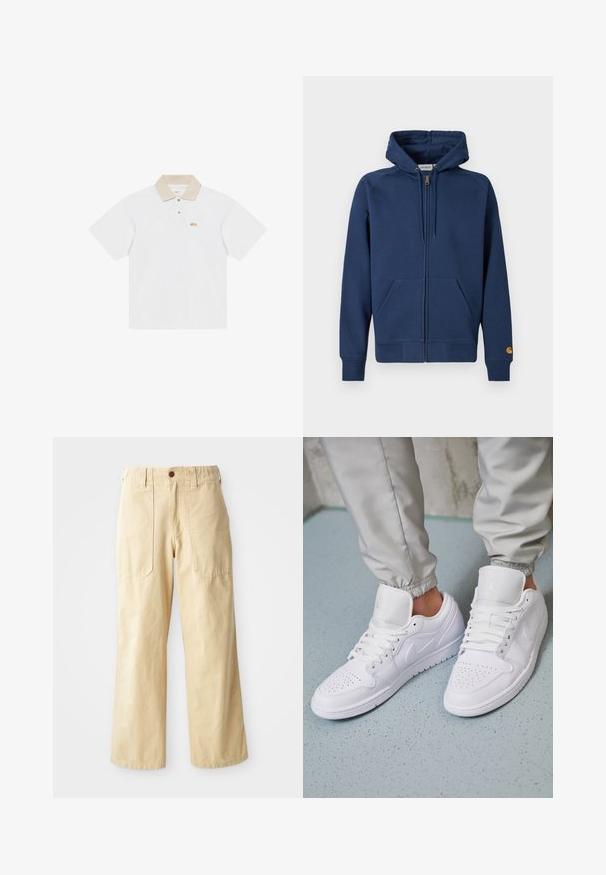 Sweat à capuche zippé bleu marine en tissu mélangé coton, doté d'une capuche avec cordon de serrage, de poches kangourou et de poignets et ourlet côtelés.; Polo blanc à manches courtes avec col beige, deux boutons et petit logo orange sur le côté gauche de la poitrine.; Pantalons larges beige en coton. Présentent une taille haute, deux poches avant au design plat et une fermeture par un seul bouton.; Des baskets en cuir blanc présentent une zone de perforation à l'avant, des lacets plats, un col rembourré et le logo Jordan sur la languette. Portées avec un pantalon de jogging gris.