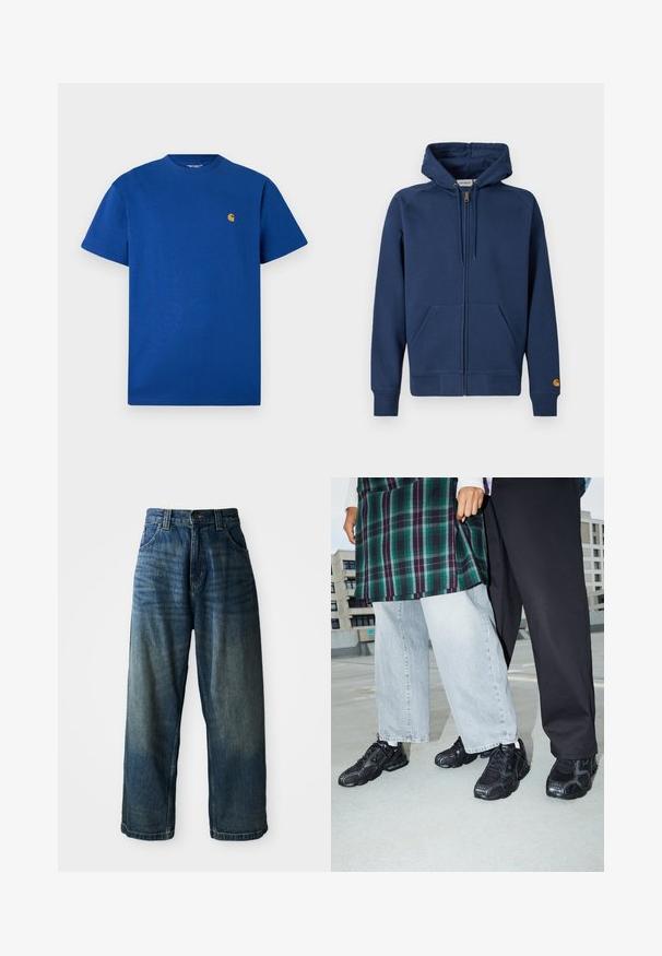Sudadera con capucha azul marino con cremallera, fabricada en una mezcla de algodón, con capucha ajustable con cordón, bolsillos tipo canguro y puños y dobladillo acanalados.; Camiseta de algodón azul con cuello redondo, mangas cortas y un pequeño logo dorado en el pecho. Textura suave y ajuste casual.; Jeans de mezclilla azul de pierna ancha con un acabado desgastado. Presenta cinco bolsillos, un cierre de botón y costuras en contraste. Tejido pesado.; Zapatillas deportivas negras con acentos de malla y goma. Combinadas con jeans de pierna ancha de color gris claro y una blusa de cuadros verdes. Fondo de superficie plana.