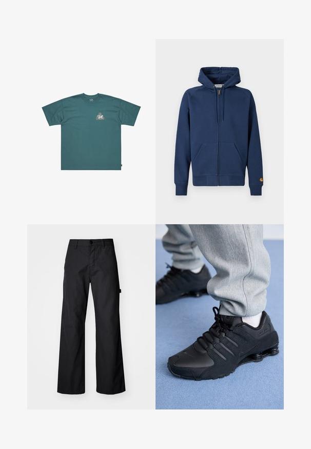 Marineblauwe hoodie met ritssluiting, gemaakt van een katoenmix, voorzien van een capuchon met trekkoord, kangaroezakken en geribbelde boorden aan de mouwen en zoom.; Teal katoenen T-shirt met korte mouwen en een losse fit. Heeft een driehoekige grafiek met kleurrijk ontwerp en merknaam op de borst.; Zwarte, wijde broek gemaakt van duurzaam materiaal. Voorzien van een knoopsluiting en zijzakken. Glad textuur met een strakke uitstraling.; Persoon in zwarte Nike Shox sneakers en een grijze joggingbroek staand op een lichtblauw tapijt.