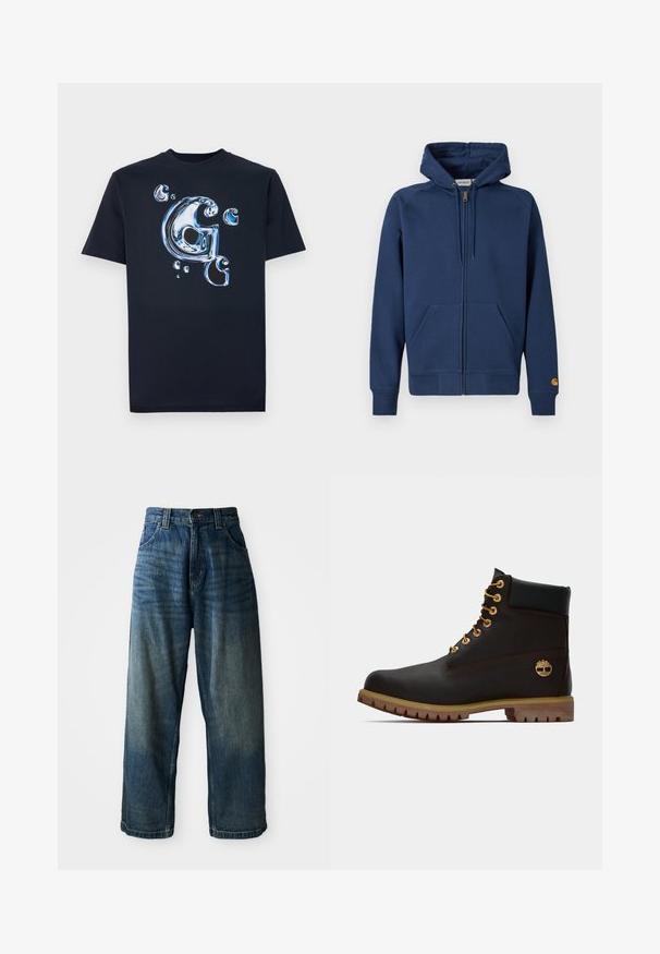 Sudadera con capucha azul marino con cremallera, fabricada en una mezcla de algodón, con capucha ajustable con cordón, bolsillos tipo canguro y puños y dobladillo acanalados.; Camiseta de algodón negra con una letra "G" en estilo metálico brillante y burbujas en tonos de azul. Tienes mangas cortas y un ajuste clásico.; Jeans de mezclilla azul de pierna ancha con un acabado desgastado. Presenta cinco bolsillos, un cierre de botón y costuras en contraste. Tejido pesado.; Bota de cuero negro de tobillo con ojales dorados, acentos marrones y suela de goma. Presenta un cuello acolchado y un logotipo en relieve en el costado.