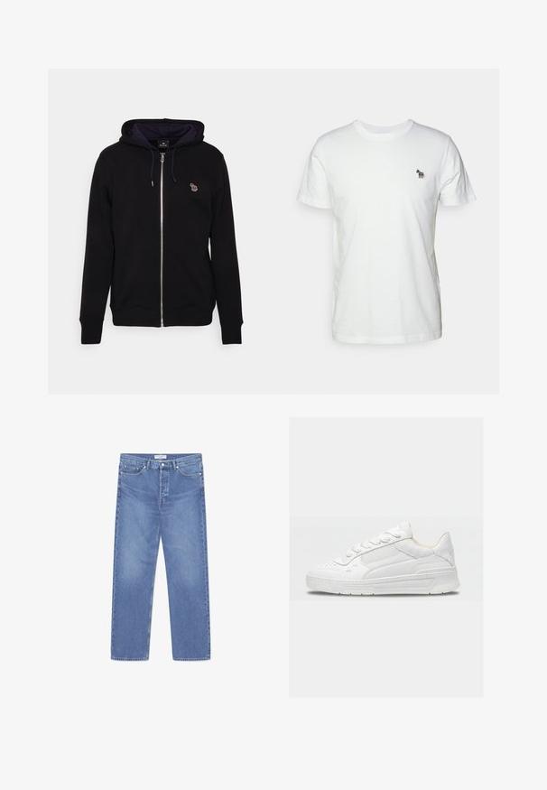 Sudadera con cremallera negra hecha de una mezcla de algodón, que presenta una capucha interior azul marino, cordones de ajuste y un pequeño logo bordado en el pecho.; Camiseta blanca de algodón con cuello redondo clásico y mangas cortas. Presenta un pequeño logo de caballo bordado en varios colores en el pecho.; WOOD WOOD WW TYPE 2 DENIM STRAIGHT LEG - Vaqueros rectos - ocean; Zapatilla blanca de caña baja con detalles perforados y panel lateral de malla, con suela gruesa y diseño con cordones.