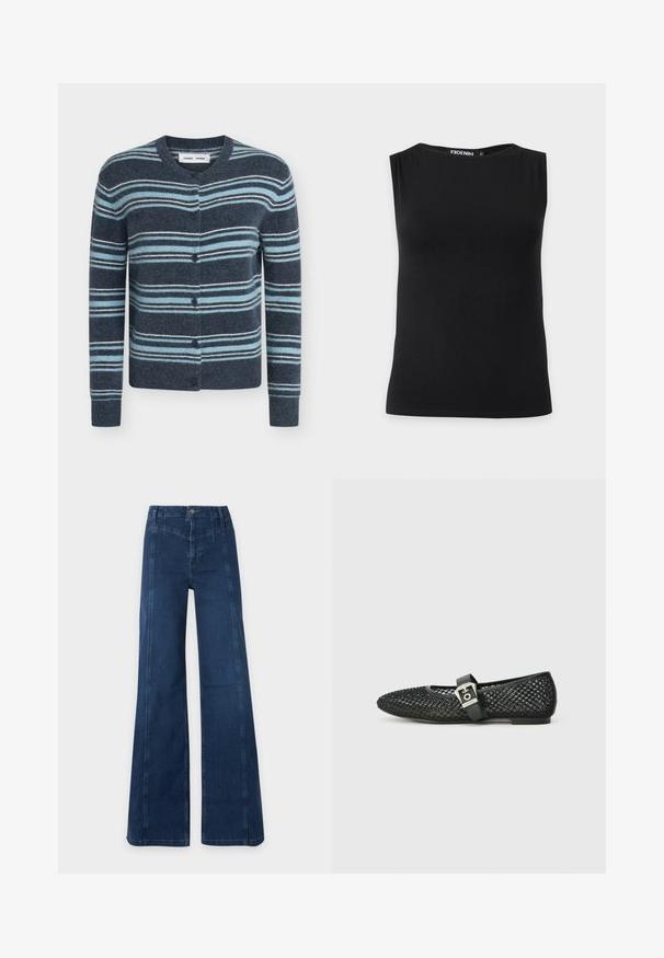 Cardigan à manches longues boutonné avec des rayures horizontales dans des nuances de bleu, sarcelle et blanc sur un fond bleu foncé.; Haut noir sans manches pour femmes avec encolure bateau, confectionné en tissu lisse, présenté sur un fond uni.; Jean bleu foncé taille haute à jambes larges, coutures visibles et fermeture à boutons devant, sur un fond clair uni.; Ballerines à bout pointu en résille noire, dotées d'un talon plat et d'une bride à boucle autour de la cheville ; surface texturée avec un motif tissé.