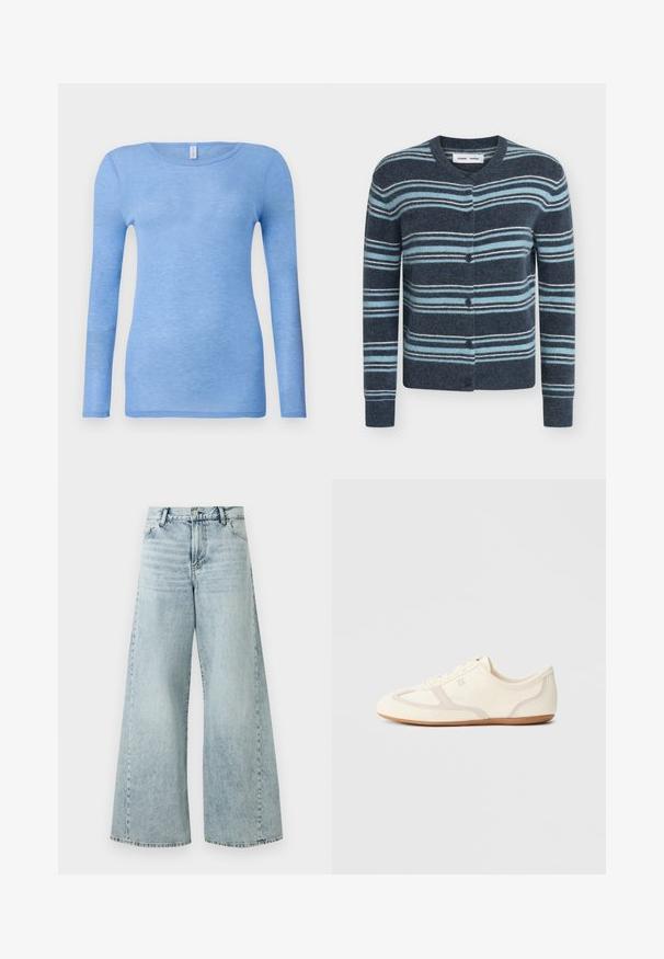 Cardigan à manches longues boutonné avec des rayures horizontales dans des nuances de bleu, sarcelle et blanc sur un fond bleu foncé.; T-shirt à manches longues bleu clair en tissu doux et léger. Doté d'un col rond et d'une coupe ajustée. Aucun motif ni accent visible.; Jean en denim bleu clair à jambes larges avec taille haute, doté d'une fermeture à bouton, de cinq poches et de détails à l'ourlet effiloché.; Baskets couleur crème avec une tige en daim et tissu, un bout arrondi, et une semelle en caoutchouc avec un détail accent beige. Fermeture à lacets.