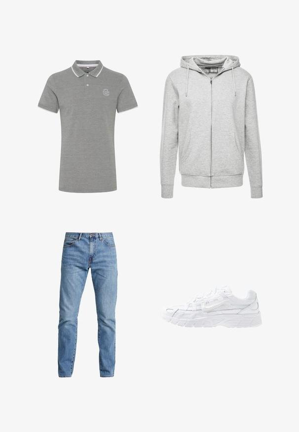 Haut à capuche zippé gris en matériau molletonné doux, avec un cordon de serrage sur la capuche, deux poches avant et des poignets et un ourlet côtelés.; Polo gris à manches courtes avec une bordure blanche sur le col et les manches, deux boutons et un petit logo blanc sur la poitrine avec l’inscription « BLEND DENIM WITH ATTITUDE. »; Jean en denim bleu clair avec une coupe droite, un design à cinq poches et une fermeture à bouton et zip. Il présente des coutures discrètes et aucune usure.; Nike Sportswear P 6000 - Baskets basses - white/platinum tint