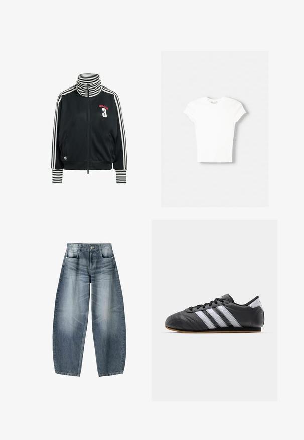 Fekete, cipzáras dzseki fehér csíkokkal az ujjain és a gallérján, piros "adidas" logóval és fehér "3" számmal az elején.; Fehér, rövid ujjú póló, puha pamuttal készült, kerek nyakkivágással és szűkített fazonnal. Nincsenek látható minták vagy díszítések.; Laza szabású, kifakult kék farmernadrág öt zsebbel és patentos záródással, természetes gyűrődésekkel és kopott részletekkel.; Fekete bőr sportcipő fehér csíkokkal, kerek orral, lapos talppal és fűzős záródással. Szellőzést biztosító lyukakkal rendelkezi.