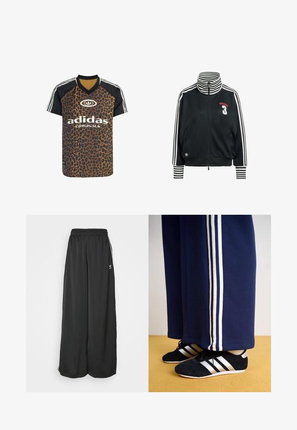 Sort lynlåsjakke med hvide striber på ærmer og krave, med en rød "adidas"-logo og et hvidt nummer "3" på fronten.; adidas Originals LEO PRINT SATIN - T-shirts print - multicolor bronze strata; Sorte løstsiddende træningsbukser lavet af glat stof. Har en elastisk talje og sidelogsstriber med logoaccents.; Mørkeblå træningsbukser med tre hvide lodrette striber og sorte sportssko med sølvstriber og en struktureret overflade. Gul gulv.