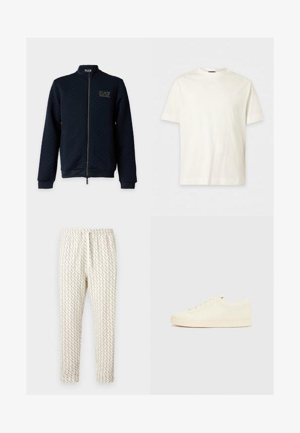 Sort jakke med lynlås, ribkanter og -bund, diskret tekstureret mønster og gyldent EA7 Emporio Armani-logo på venstre bryst.; Hvid t-shirt i bomuld med korte ærmer, rund hals og diskret prægning af logo på venstre bryst.; Lys cremet joggingbukser med et gentaget brunt A-mønster over det hele, med elastisk taljebånd og justerbar snøre.; Sneaker i cremefarve med en glat læderoverdel, rundet tå, snørelukning foran og en tekstureret gummisål. Minimalistisk design uden logoer.