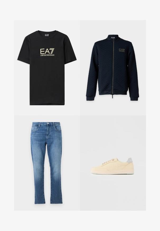 Chaqueta negra con cremallera, puños y bajo acanalados, patrón texturizado sutil y logotipo dorado EA7 Emporio Armani en el lado izquierdo del pecho.; Camiseta de algodón negra con un logo dorado de EA7 Emporio Armani en el pecho. Diseño de manga corta y cuello redondo.; Pantalones vaqueros azules de mezclilla con corte recto, cierre frontal de botón y cremallera, y diseño de cinco bolsillos, mostrados sobre un fondo claro y liso.; Zapatilla deportiva beige de corte bajo con cierre de cordones en la parte delantera, suela rosa claro y lengüeta trasera gris con la marca "Filling Pieces", mostrada de perfil sobre un fondo liso.