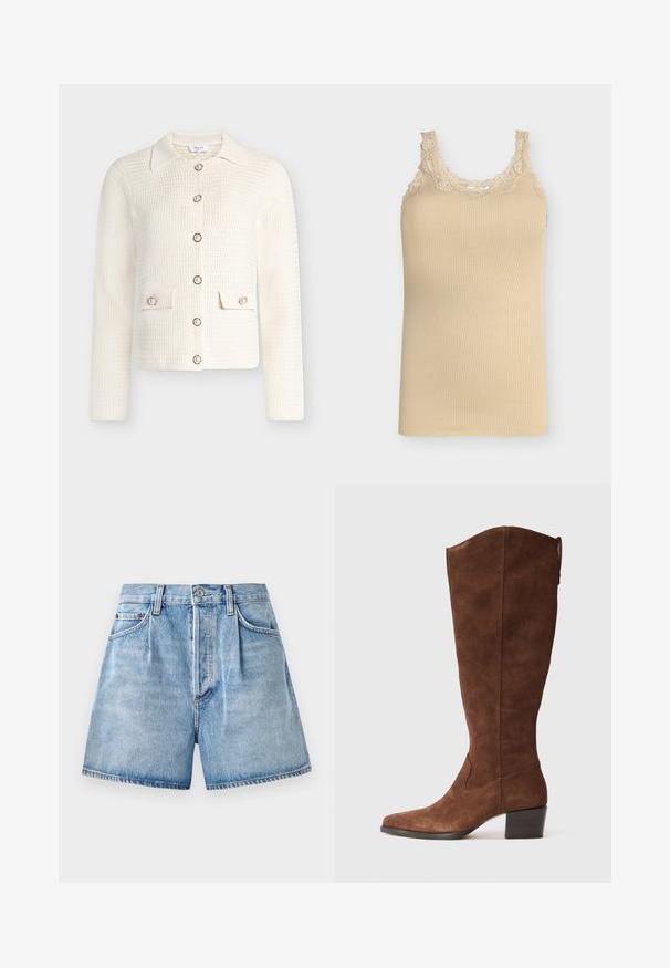 Cardigan en maille texturée couleur crème avec boutons ornés de perles sur le devant et sur deux petites poches à rabat sur le devant, manches longues et col.; Débardeur beige côtelé avec bordure en dentelle autour du col et des bretelles, sans manches, coupe ajustée.; Shorts en denim bleu clair à taille haute, présentant une fermeture à bouton et à zip, des poches avant et un ourlet effiloché.; Bottes en suède brun jusqu'aux genoux avec un bout pointu et un talon empilé. Présente une finition lisse et des détails de couture minimalistes.