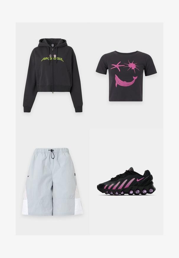 Sudadera negra corta con cremallera, capucha, mangas largas, bolsillos laterales y diseño de texto abstracto en neón verde y rosa en el pecho.; Top corto negro de manga corta con un gráfico rosa de un delfín, una estrella de mar y un sol en el frente contra un fondo liso.; Pantalones cortos deportivos de color gris claro con paneles laterales blancos, cinturilla elástica y cordón negro, mostrados sobre un fondo liso.; Zapatillas Nike negras y rosas con parte superior de malla, diseño curvado y amortiguación morada redondeada en la suela y los laterales.