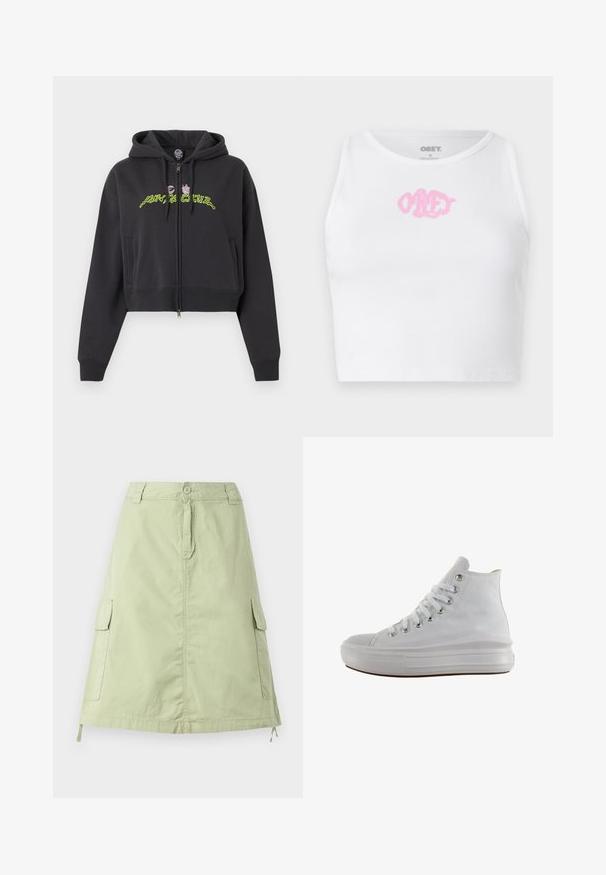 Sudadera negra corta con cremallera, capucha, mangas largas, bolsillos laterales y diseño de texto abstracto en neón verde y rosa en el pecho.; Top corto blanco de canalé con un logo rosa de "OBEY" en el centro. Diseñado con un escote redondo y sin mangas.; Falda de algodón verde claro, hasta la rodilla, con dos bolsillos laterales tipo cargador, cierre de botón y un corte recto relajado. Textura lisa.; Zapatilla de lona blanca de caña alta con cordones blancos, ojales metálicos, suela gruesa de goma y puntera texturizada, mirando hacia la izquierda sobre un fondo blanco.