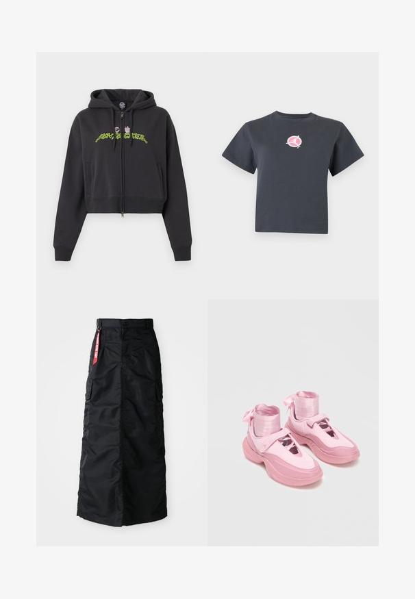 Zwarte cropped zip-up hoodie met capuchon, lange mouwen, zijzakken en neon groene en roze abstracte tekst op de borst.; Donkergrijze korte mouw cropped T-shirt met een klein rond roze-wit logo met een silhouet van een bewegend persoon op de borst.; Zwarte lange rok met een voorkant met knopen en rits, zij cargo zakken en een rode 'Remove Before Flight' stoffen label op de tailleband.; Stevige pastelroze sneakers met brede klittenbandsluitingen en satijnen lint dat hoge enkelboorden omwikkelt op een witte achtergrond.