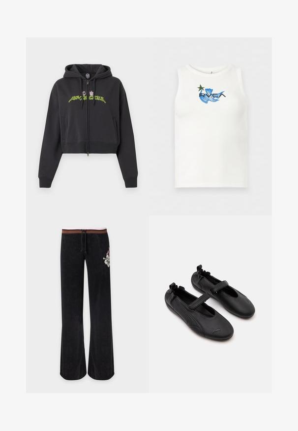 Zwarte cropped zip-up hoodie met capuchon, lange mouwen, zijzakken en neon groene en roze abstracte tekst op de borst.; Witte mouwloze tanktop met blauwe abstracte afbeelding, een groene ster en een zwart "RVCA" logo in het midden van de borst.; Zwarte broek met brede pijpen en een bruin-roze gestreepte tailleband, trekkoord en witte bloemenborduursel op de rechterheup.; Paar zwarte leren Mary Jane schoenen met elastische achterkant en klittenbandsluiting, met een subtiel Puma-logo op elke teen.