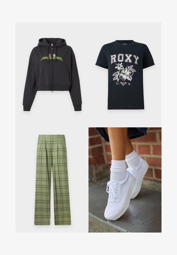Zwarte cropped zip-up hoodie met capuchon, lange mouwen, zijzakken en neon groene en roze abstracte tekst op de borst.; Zwarte katoenen t-shirt met de tekst "ROXY" in het wit, voorzien van een bloemenontwerp en een hartsymbool. Korte mouwen en een relaxte pasvorm.; Groene wijde broek met een zwart plaid patroon en een hoge tailleband, voorplooien en zijzakken.; Witte canvas sneakers met rubberen zolen, voorzien van zes vetertjes, een ronde neus en lichte stikdetails, gecombineerd met witte enkelsokken.