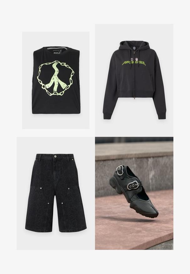 Sweat à capuche noir court zippé avec capuche, manches longues, poches latérales, et motif de texte abstrait en vert néon et rose sur la poitrine.; Haut court noir sans manches présentant un grand signe de paix vert abstrait entouré d'un motif de chaîne, confectionné en tissu doux.; Short en denim noir longueur genou avec imprimé léopard subtil, bouton devant, fermeture éclair et détails de rivets argentés sur grandes poches avant.; Chaussure noire à bout fendu avec deux boucles argentées, semelle épaisse et détails perforés, flottant au-dessus d'une surface en pierre.
