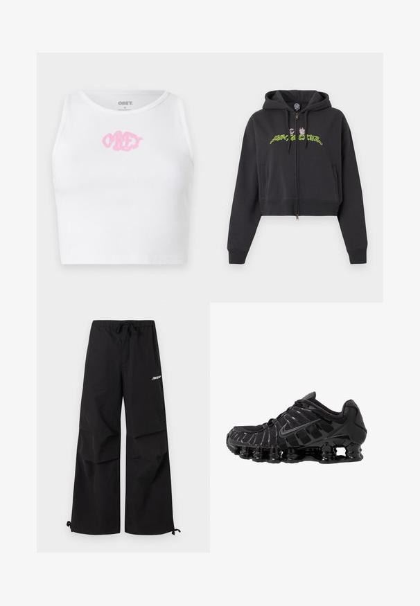 Sort cropped hættetrøje med lynlås, hætte, lange ærmer, sidelommer og neongrøn og pink abstrakt tekstdesign på brystet.; Hvid ribbet crop top med et pink "OBEY" logo i midten. Designet med en rund halsudskæring og uden ærmer.; Sorte bukser med vide ben, elastisk talje, snøre ved benafslutningerne og hvidt logo på øvre lår.; Sort atletisk sko med mesh-overdel og glatte overlays. Har buet spiralbøsningsdæmpning og strukturerede linjer på siden. Nike-logoet er synligt.