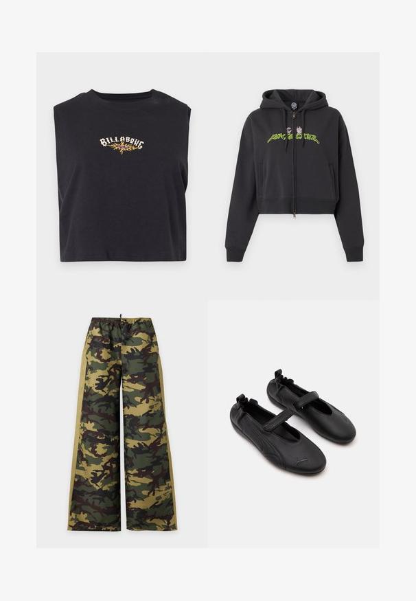Sweat à capuche noir court zippé avec capuche, manches longues, poches latérales, et motif de texte abstrait en vert néon et rose sur la poitrine.; Haut noir court sans manches avec le texte "Billabong" et un motif de flamme jaune au centre de la poitrine.; Pantalon à jambes larges avec motif camouflage vert, marron et beige et panneaux latéraux beige uni, doté d'une taille élastique avec cordon de serrage.; Paire de chaussures en cuir noir style Mary Jane avec arrière élastiqué et bride velcro, avec un logo Puma discret sur chaque orteil.