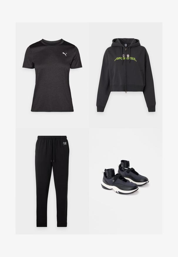 Sudadera negra corta con cremallera, capucha, mangas largas, bolsillos laterales y diseño de texto abstracto en neón verde y rosa en el pecho.; Camiseta deportiva negra de manga corta, con escote redondo y un logo blanco en el pecho. Textura suave y forma ajustada.; Pantalones de chándal negros ajustados con cintura elástica, cordón, puños acanalados en los tobillos y un pequeño parche con logo blanco cerca del bolsillo derecho.; Zapatillas deportivas en blanco y negro con suelas gruesas, tiras de velcro y lazos negros en los tobillos sobre un fondo blanco.