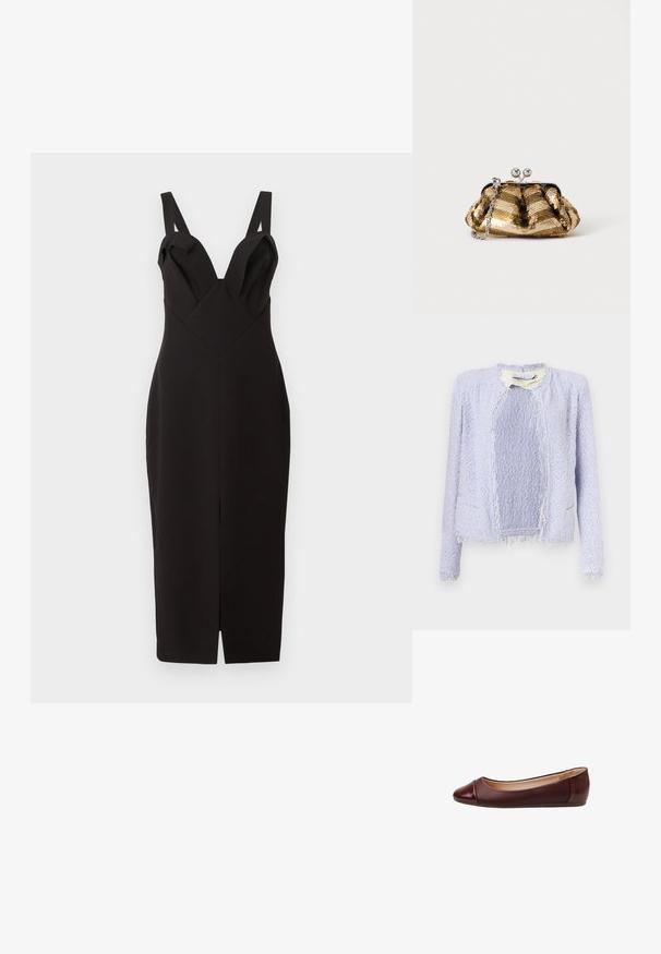 Hellviolette, strukturierte Jacke mit offenem Vorderteil, langen Ärmeln und ausgefransten Kanten an Saum, Bündchen und Halsausschnitt.; Schwarzes, tailliertes Kleid mit tiefem V-Ausschnitt und breiten Trägern. Es hat ein knielanges Design und einen Schlitz vorne, gefertigt aus einem glatten Stoff.; Bordeauxfarbener Ballettschuh aus Leder mit rund zulaufender Spitze und leicht glänzender Oberfläche. Verfügt über eine Nahtdetail an der Spitze und eine flexible Sohle.; Kleine goldene Pailletten-Clutch mit silbernem Verschluss und kurzem silbernem Kettenhenkel auf einfarbig hellem Hintergrund.