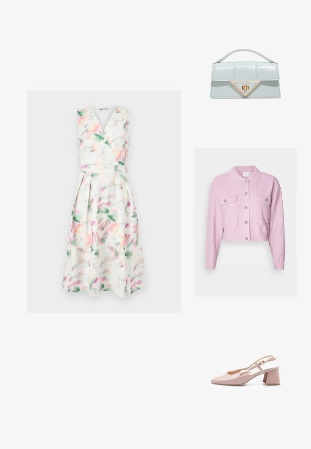 Cárdigan corto rosa con cuello de solapa, patrón texturizado y detalles de botones plateados. Cuenta con dos bolsillos frontales con cierre de solapa.; Vestido midi blanco sin mangas con estampado floral en acuarela en tonos pastel, cuerpo cruzado con escote en V, cintura ceñida y falda plisada.; Zapato de charol rosa con talón abierto, punta cuadrada, correa ajustable y tacón cuadrado. Superficie suave y diseño minimalista.; Pequeño bolso azul claro con asa superior y cierre triangular dorado en la solapa frontal, mostrado sobre fondo blanco.