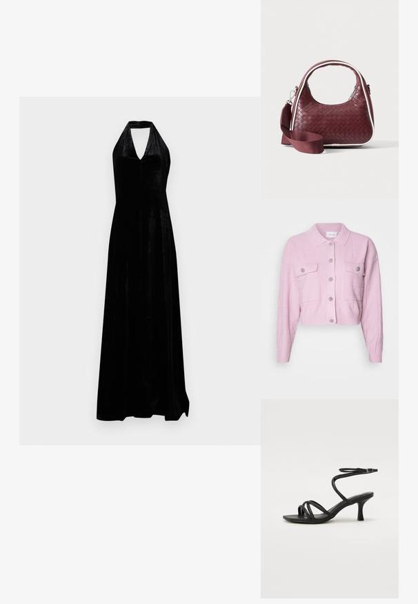Cárdigan corto rosa con cuello de solapa, patrón texturizado y detalles de botones plateados. Cuenta con dos bolsillos frontales con cierre de solapa.; Vestido de noche negro de terciopelo con escote halter y pronunciado escote en V, y falda larga sobre un fondo blanco liso.; Even&Odd Wide Fit Sandalias - black; Bolso de mano de cuero tejido color granate con asa curva, ribete blanco, cremallera plateada y correa desmontable de tela ancha para el hombro sobre fondo liso.