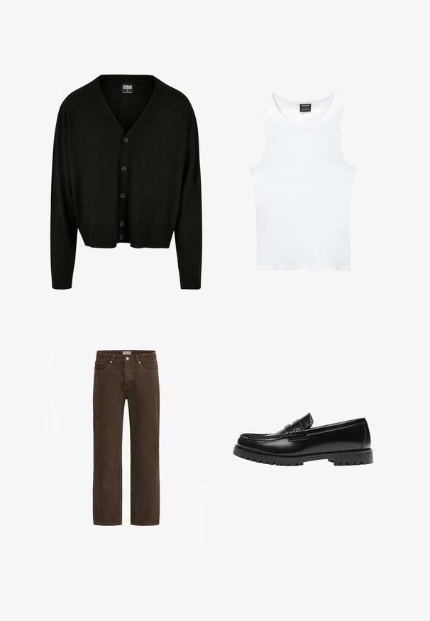 Cardigan noir en tissu doux, avec un col en V, une fermeture à boutons, et des poignets et un ourlet côtelés pour un ajustement décontracté.; Débardeur blanc sans manches en coton côtelé. Présente un col rond et une texture lisse. L'étiquette indique "PULL&BEAR."; Jeans en denim marron avec une coupe droite, design à cinq poches et quincaillerie en métal. Dispose d'une fermeture à bouton et d'une étiquette de taille de marque.; Mocassin en cuir noir avec une semelle en caoutchouc épaisse et un détail classique de bride à monnaie, vu de côté extérieur.