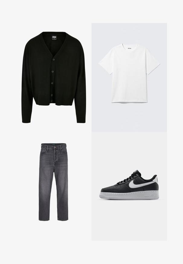 Schwarzer Cardigan aus weichem Stoff, mit V-Ausschnitt, Knopfverschluss sowie gerippten Bündchen und Saum für eine lässige Passform.; Weißes T-Shirt mit kurzen Ärmeln und Rundhalsausschnitt, flach liegend, schlichtes Design, mit „WEEKDAY“-Etikett innen im Kragen auf hellem Hintergrund.; Dunkelgraue Denim-Jeans mit geradem Bein, hoher Taille, Fünf-Taschen-Styling und leichter Ausbleichung. Metallknopf und Reißverschluss. ; Schwarze Ledersneaker mit strukturierten Oberflächen, weißem Nike-Swoosh, grauer Sohle, runder Zehenpartie und Schnürdesign. Verfügt über Perforationen an der Zehenbox.