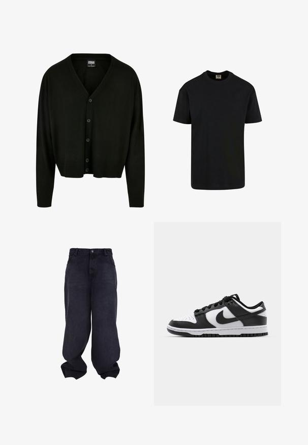 Cardigan noir en tissu doux, avec un col en V, une fermeture à boutons, et des poignets et un ourlet côtelés pour un ajustement décontracté.; Urban Classics SHORTSLEEVE - T-shirt basique - black; Jeans baggy noirs oversize avec fermeture avant à boutons et fermeture éclair, poches avant et jambes larges et amples.; Baskets Nike Dunk en noir et blanc avec une tige en cuir, un bout perforé, des lacets noirs et une semelle en caoutchouc noir avec un motif de semelle.