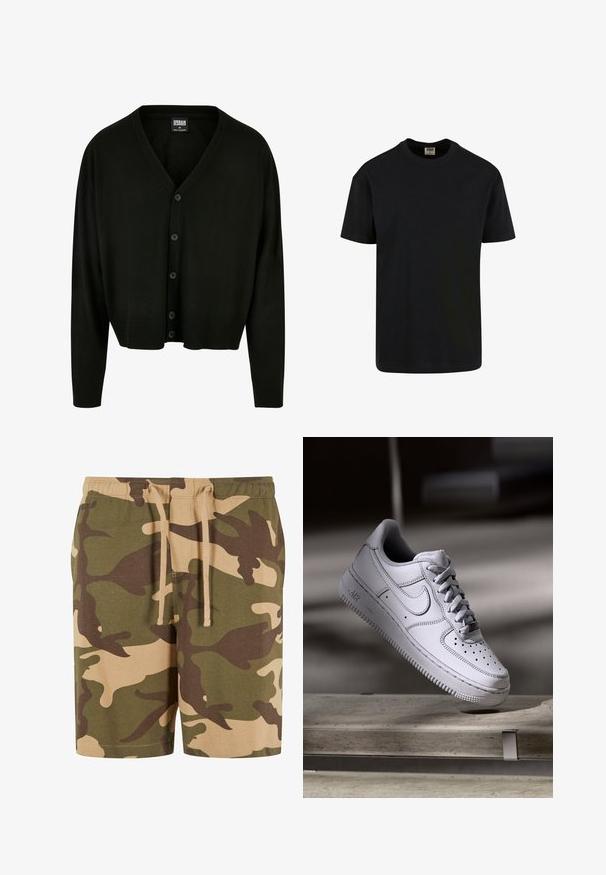 Must must, pehmest kangast, millel on V-kaelus, nööbialus ja ribakudumiga mansetid ning alläär, tagades mugava istuvuse.; Urban Classics SHORTSLEEVE - Lihtne T-särk - black; Kangri lühikesed püksid puuvillase seguga, millel on roheline, pruun ja beež muster. Omab elastset vöökohta koos nööriga. Mitteformaalne lõige ja põlveni ulatuv disain.; Valge nahast Nike Air Force 1 tennisejalanõu, millel on perforatsiooniga varvas, lamedad paelad ja tekstureeritud kummist tallaga, millel on küljele märgitud "AIR".