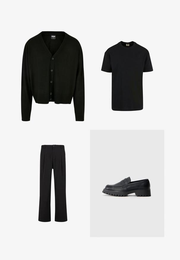 Melns kardigans, kas izgatavots no mīkstas auduma, ar V-veida kaklu, pogu aizdari un ribinātām piedurknēm un apakšmalu, nodrošinot brīvu piegriezumu.; Urban Classics SHORTSLEEVE - Pamata T-krekls - black; Melni vīriešu taisna piegriezuma bikses ar jostas cilpām, priekšā ar pogu aizdari un sānu kabatām, attēlotas uz balta fona.; Melni ādas loaferi ar noapaļu pirkstu, ar dekoratīvu siksnu un masīvu gumijas zoli ar dziļiem protektoriem labākai saķerei.