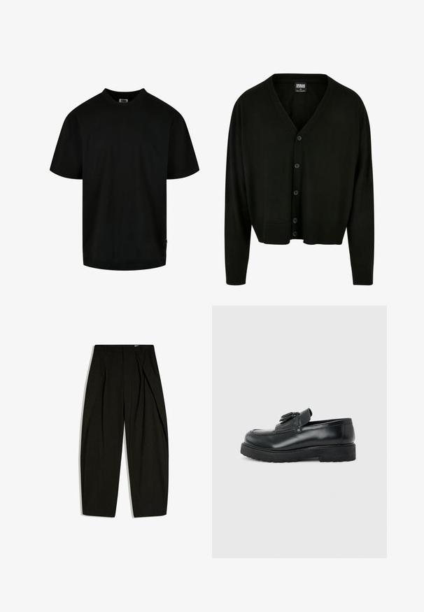 Zwarte cardigan van zachte stof, met een v-hals, knoopsluiting en geribde manchetten en zoom voor een relaxte pasvorm.; Zwart T-shirt van katoen, met een ronde hals en korte mouwen in een losse pasvorm. Eenvoudig ontwerp, zonder patronen of grafische elementen.; Zwarte, op maat gemaakte, hoog uitgesneden broek met subtiele verticale krijtstrepen en een voorste plooi, plat uitgestald op een witte achtergrond.; Zwarte leren loafer met kwastjes, dikke rubberen zool en lage hak, zijaanzicht op een effen achtergrond.