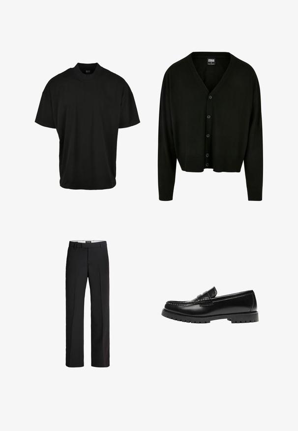 Sort cardigan lavet af blødt stof, med v-udskæring, knappelukning og ribstrikkede manchetter og kant for en afslappet pasform.; Sort kortærmet T-shirt med rund halsudskæring, lavet af blødt stof, med en afslappet pasform og uden synlige mønstre eller accenter.; Sorte bukser med skræddersyet pasform; har en glat front, to sidelommer og en glat tekstur; lavet af et let, åndbart materiale.; Sort læderloafer med en kraftig gummisål og klassiske penny-strap detaljer, vist fra ydersiden.