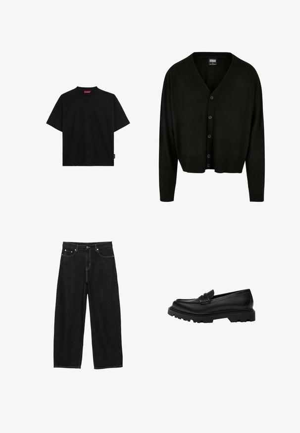 Zwarte cardigan van zachte stof, met een v-hals, knoopsluiting en geribde manchetten en zoom voor een relaxte pasvorm.; Zwart kortekraag t-shirt van katoen, met een ronde halslijn en een klein label aan de zijkant. Glad textuur en rechte pasvorm.; Zwarte wijde denim jeans met voorzakken, riemlussen en een knoopsluiting.; Zwarte leren loafer met een robuuste, gestructureerde zool. Heeft een decoratieve gestikte rand en een lage hak voor een eigentijdse uitstraling.