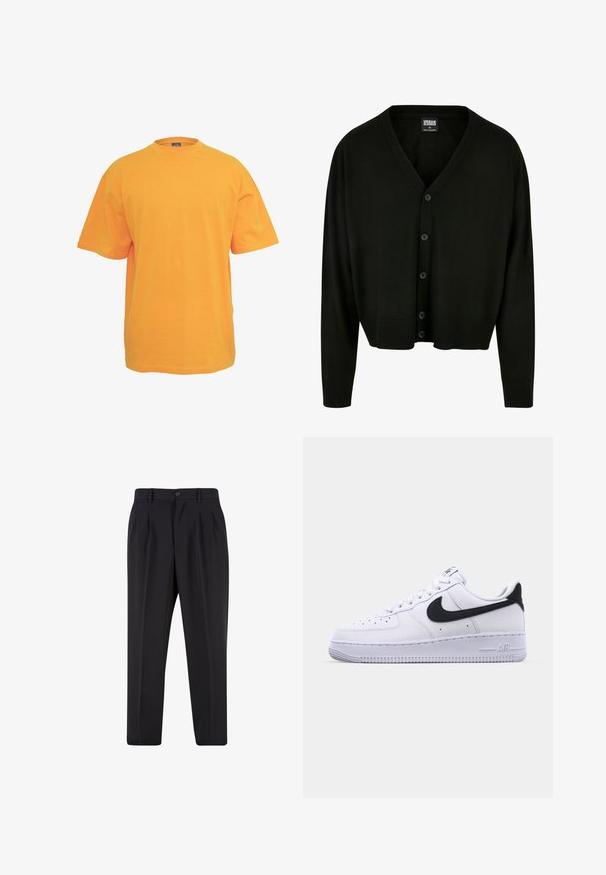 Schwarzer Cardigan aus weichem Stoff, mit V-Ausschnitt, Knopfverschluss sowie gerippten Bündchen und Saum für eine lässige Passform.; Oranges Baumwoll-T-Shirt mit rundem Halsausschnitt, kurzen Ärmeln und lockerer Passform. Keine Muster oder Akzente. Glatte Textur.; Schwarze, maßgeschneiderte Hose mit vorderen Bundfalten, Gürtelschlaufen und Knopfverschluss an der Taille.; Weißes Leder-Sneaker mit einem strukturierten schwarzen Swoosh, flachen Schnürsenkeln und einer Gummisohle mit genoppetem Muster. "AIR" ist auf der Ferse eingeprägt.