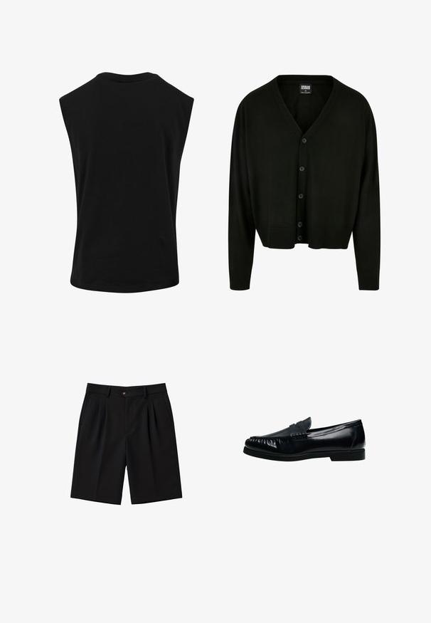 Cardigan noir en tissu doux, avec un col en V, une fermeture à boutons, et des poignets et un ourlet côtelés pour un ajustement décontracté.; Haut noir sans manches en matériau lisse et léger avec un col rond et une coupe décontractée. Aucun motif ou accent visible.; Shorts noirs sur mesure longueur genou avec plis devant, poches latérales, passants de ceinture et taille boutonnée.; Mocassin penny loafer pour homme en cuir noir avec bout moc cousu et petit talon, présenté de profil sur fond blanc.