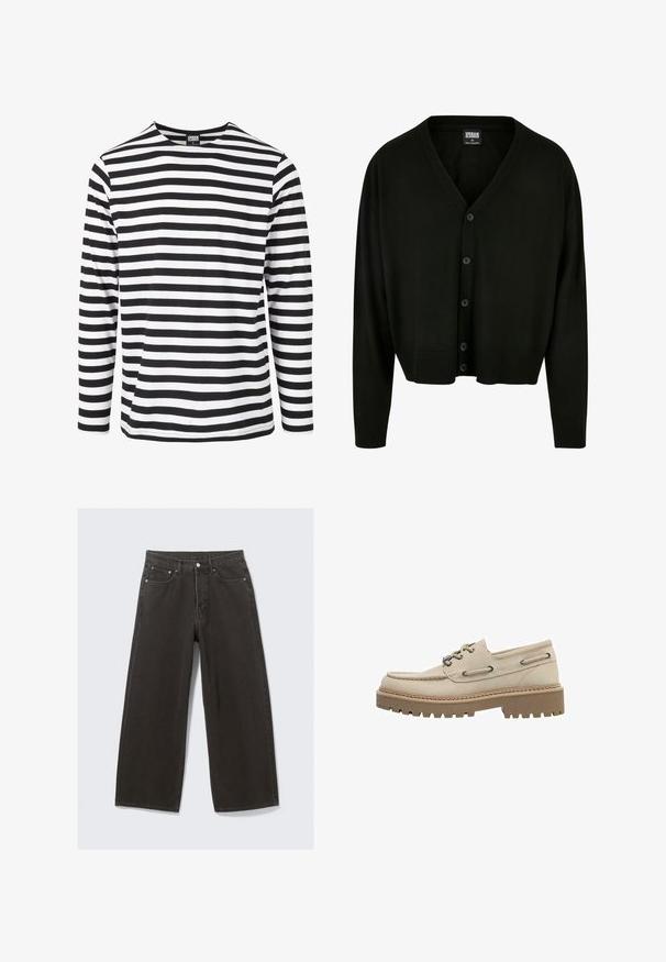 Zwarte cardigan van zachte stof, met een v-hals, knoopsluiting en geribde manchetten en zoom voor een relaxte pasvorm.; Zwart-wit gestreepte blouse met lange mouwen en een ronde hals, gemaakt van zacht materiaal, met horizontale strepen van gelijke breedte.; Wijdbenige zwarte denim jeans hebben een hoge taille, vijf zakken en een knoopsluiting. De stof heeft een zachte, gestructureerde afwerking.; Beige leren veterschoen voor op een boot met dikke bruine profielzool, moc-toenaad, veters aan de zijkant en metalen veterogen.