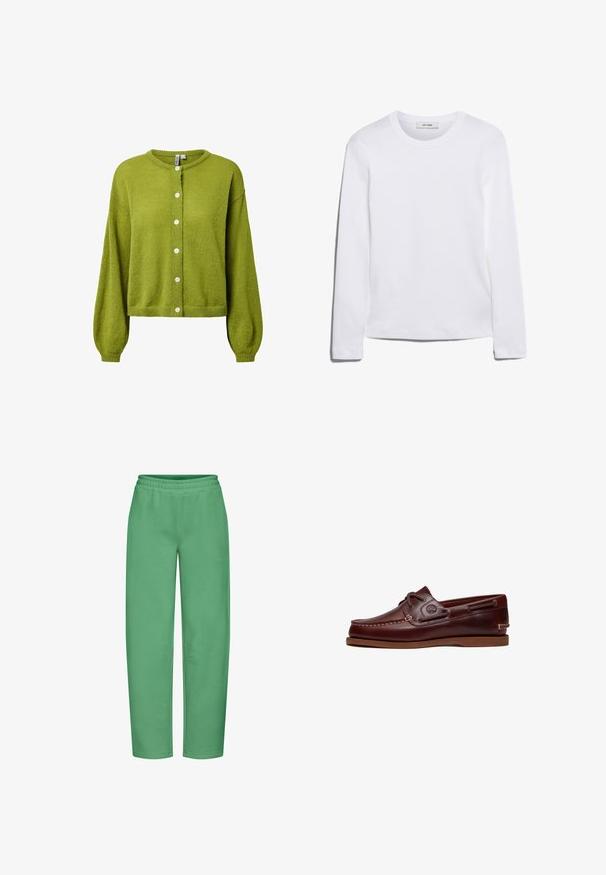 Cardigan tricoté vert à manches longues, col rond et six boutons blancs sur le devant.; T-shirt blanc à manches longues en coton côtelé, avec un col rond et un ourlet droit. Design simple sans motifs ni accents.; Pantalon de survêtement vert en tissu mélangé coton, doté d'une taille élastique, de poches latérales et d'une coupe décontractée.; Chaussure bateau en cuir marron avec lacets, détails de couture et logo Timberland sur le côté, présentée sur un fond blanc.