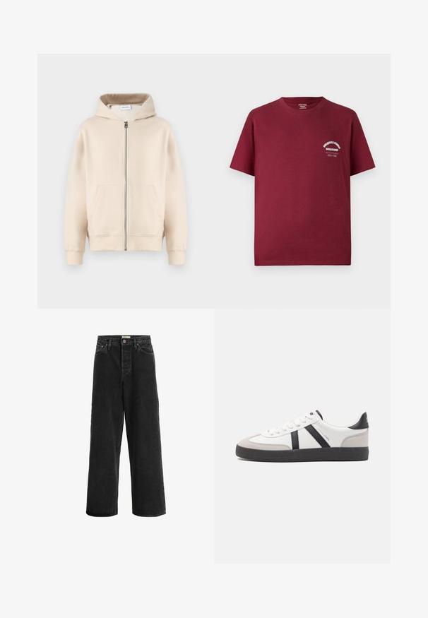 Beige hoodie met een volledige rits, twee voorzakken, ribgebreide manchetten en onderkant. Gemaakt van zachte, comfortabele stof.; Bordeaux katoenen t-shirt met ronde hals, korte mouwen en een witte grafische print op de linker borst. Soepele textuur en casual pasvorm.; Zwarte wijde jeans gemaakt van denim stof. Heeft een hoge taille, twee voorklepjes, een knoopsluiting en subtiele stikseldetails.; Witte sneaker met zwarte en grijze accenten, voorzien van een grijze neus met textuur, zwarte rubberen zool en platte witte veters. Schoon ontwerp, minimalistische stijl.