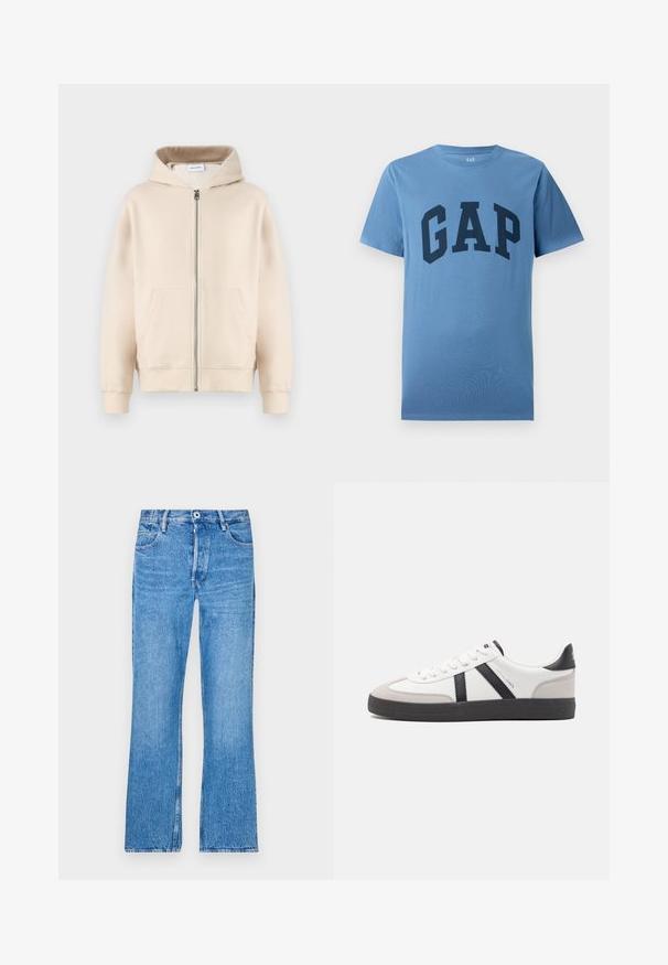 Beige Kapuzenpullover mit durchgehendem Reißverschluss, zwei vorderen Taschen, gerippten Bündchen und Saum. Hergestellt aus weichem, bequemem Stoff.; Blaues Kurzarm-T-Shirt mit Rundhalsausschnitt und großem dunkelblauem "GAP"-Schriftzug auf der Vorderseite.; Blaue, gerade geschnittene Jeans aus Denim mit einem verfärbten Waschlook. Mit Knopfverschluss, Gürtelschlaufen und dem klassischen Fünf-Taschen-Design.; Weiße Sneaker mit schwarz- und grau-aczenten, ausgestattet mit einer strukturierten grauen Zehenkappe, schwarzer Gummi-Sohle und flachen weißen Schnürsenkeln. Sauberes Design, minimalistische Stil.