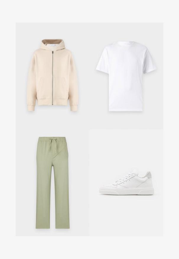 Sweat-shirt à capuche beige avec une fermeture éclair complète, deux poches avant, des poignets et un ourlet côtelés. Fabriqué en tissu doux et confortable.; T-shirt blanc à manches courtes en coton avec un col rond, présentant une texture lisse et un design simple, sans motifs ni accents.; Pantalons en vert olive clair, fabriqués en tissu doux. Dotés d'une taille élastique avec cordon de serrage et de jambes droites à coupe ample.; Des baskets en cuir blanc avec une finition lisse, un bout rond, des lacets plats et une semelle texturée. Accents en daim gris au niveau du talon.