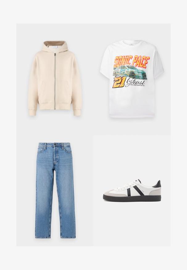 Beige hætte sweatshirt med fuld lynlås, to forlommer, ribbede manchetter og kant. Fremstillet af blødt, komfortabelt stof.; Hvid t-shirt med et frontgrafik af en blå racercar, "SONIC PACE" i fed rød og gul tekst, med "21 Ghost Worldwide" nedenfor i sort.; Lyseblå denimjeans med lige ben, der har en knap- og lynlås lukning, fem lomme-stil og subtilt slid.; Hvide sneakers med sorte og grå detaljer, med en tekstureret grå tåhætte, sort gummisål og flade hvide snørebånd. Rent design, minimalistisk stil.