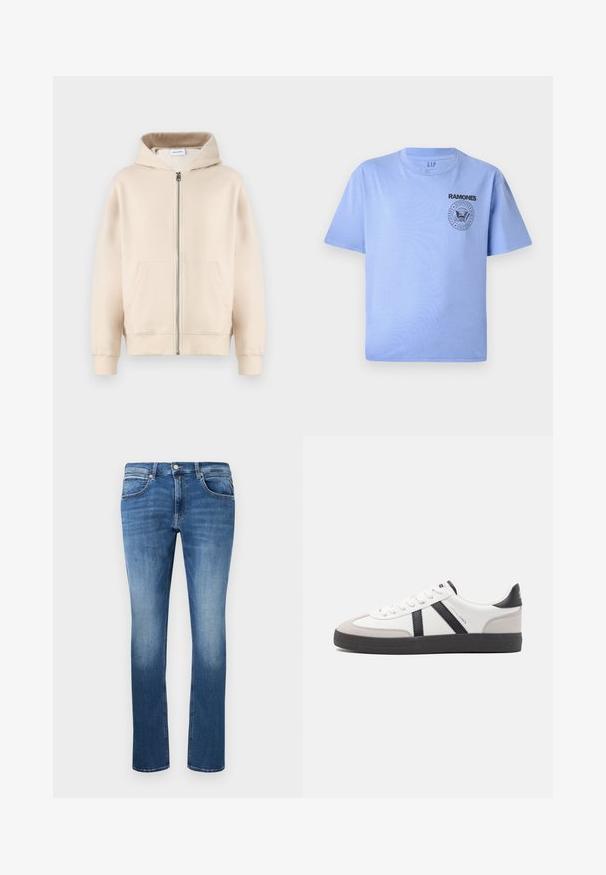 Beige hætte sweatshirt med fuld lynlås, to forlommer, ribbede manchetter og kant. Fremstillet af blødt, komfortabelt stof.; Lys blå bomulds t-shirt med korte ærmer, rund hals og sort "Ramones" logo tryk på venstre brystområde. Glat tekstur.; Blå denim jeans med lige snit, der har let falmning, fem lommer og en knap-og lynlås lukning. Syede detaljer langs sømmene.; Hvide sneakers med sorte og grå detaljer, med en tekstureret grå tåhætte, sort gummisål og flade hvide snørebånd. Rent design, minimalistisk stil.