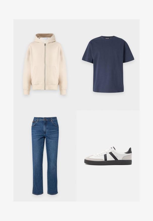 Sweat-shirt à capuche beige avec une fermeture éclair complète, deux poches avant, des poignets et un ourlet côtelés. Fabriqué en tissu doux et confortable.; T-shirt en coton bleu marine avec un col rond et des manches courtes. Texture lisse, coupe droite et coutures minimales, offrant un design classique.; Jean en denim bleu avec un design à jambe droite, style à cinq poches et une fermeture à bouton et fermeture éclair. Présente des coutures discrètes et un lavage classique.; Baskets blanches avec des accents noirs et gris, présentant un embout texturé gris, une semelle en caoutchouc noir et des lacets plats blancs. Design épuré, style minimaliste.