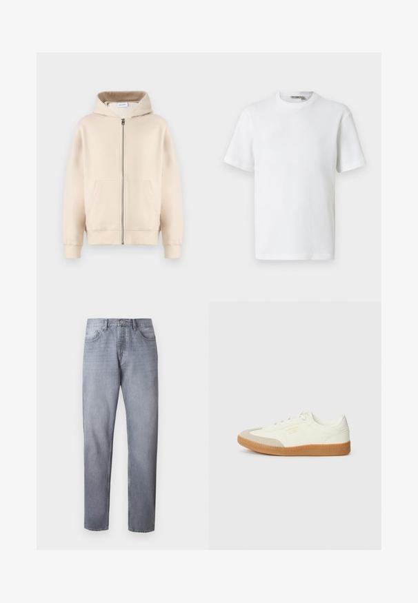 Sweat-shirt à capuche beige avec une fermeture éclair complète, deux poches avant, des poignets et un ourlet côtelés. Fabriqué en tissu doux et confortable.; T-shirt blanc à manches courtes en maille gaufrée avec col rond, petite étiquette de marque à l'intérieur du col, présenté sur un fond uni.; Jean en denim bleu clair avec une coupe à jambes droites, cinq poches et une fermeture par bouton. Le tissu a une texture lisse avec une finition délavée.; Baskets en cuir blanc avec une coque beige et une semelle en caoutchouc marron clair. Dotées de lacets blancs plats et d'un logo embossé sur le côté.