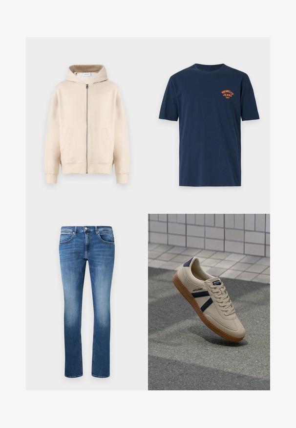 Beige hætte sweatshirt med fuld lynlås, to forlommer, ribbede manchetter og kant. Fremstillet af blødt, komfortabelt stof.; Marineblå bomulds t-shirt med korte ærmer, rund hals og et orange broderet "Wrangler Jeans 1947" logo på brystet.; Blå denim jeans med lige snit, der har let falmning, fem lommer og en knap-og lynlås lukning. Syede detaljer langs sømmene.; Beige sneaker med struktureret overflade, marineblå striber og gummisål. Har en polstret tunge og traditionelt snørresystem for en sikker pasform.