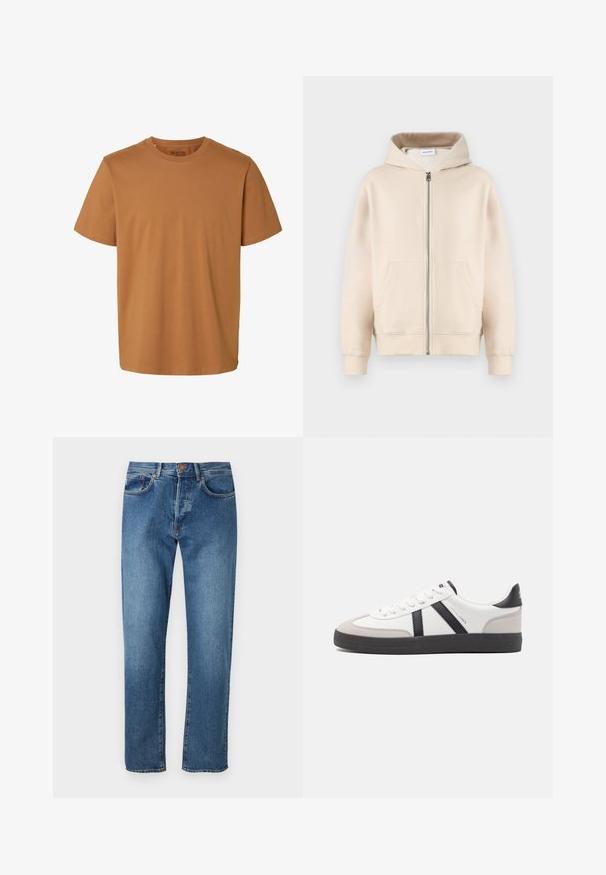 Beige hoodie met een volledige rits, twee voorzakken, ribgebreide manchetten en onderkant. Gemaakt van zachte, comfortabele stof.; Effen bruine katoenen T-shirt met korte mouwen, ronde hals en normale pasvorm, met het label "Selected Homme" aan de binnenkant van de kraag.; Lichtblauwe denim jeans met een rechte pijpdesign, vijf zakken, een knoopsluiting en subtiele vervaging aan de voorkant.; Witte sneaker met zwarte en grijze accenten, voorzien van een grijze neus met textuur, zwarte rubberen zool en platte witte veters. Schoon ontwerp, minimalistische stijl.